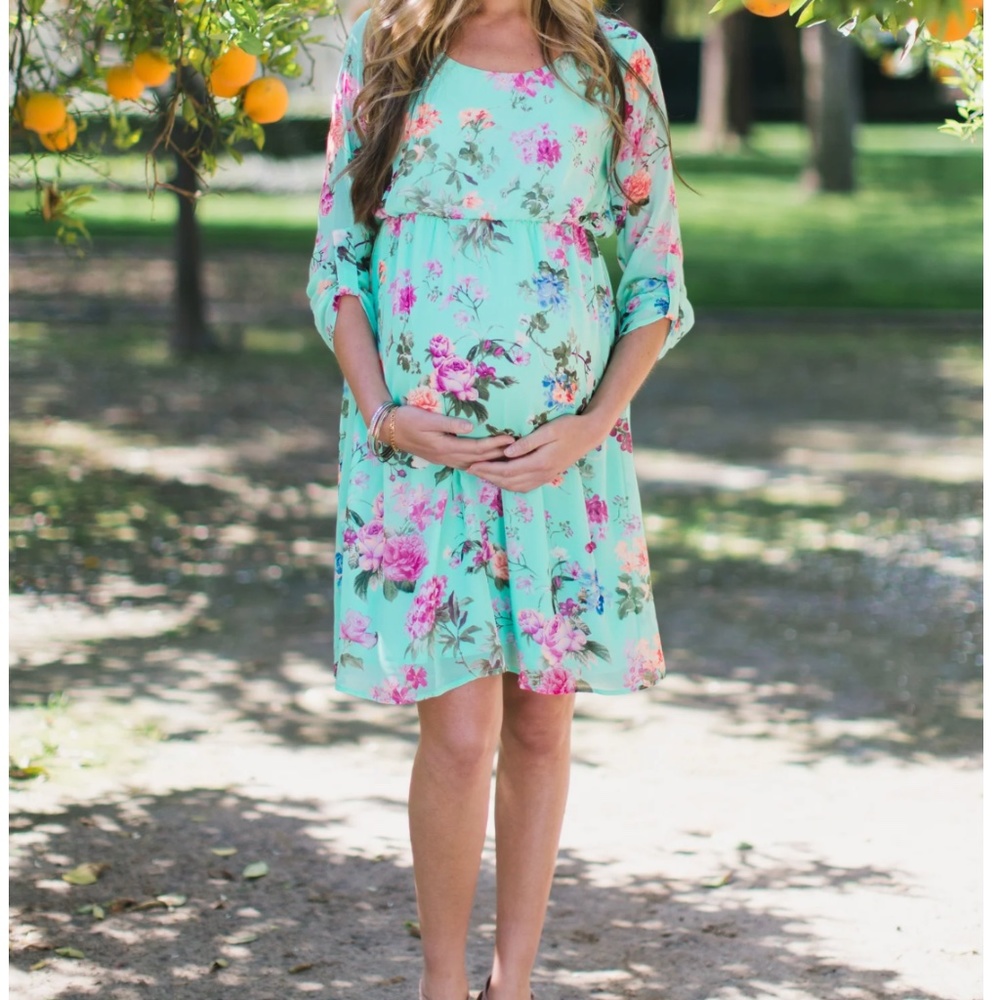 PinkBlush Mint Floral Chiffon Maternity Dress